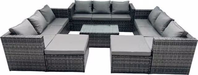 Fimous 11-Seater Patio Coffee Table Sofa Set with 2 Large Stools in Dark Grey