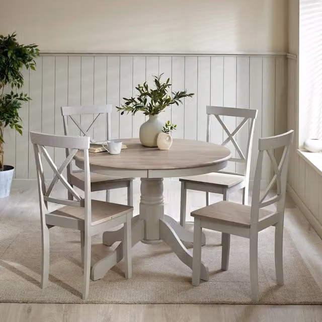 FurnitureboxUK Bude Round Rubberwood Dining Table and 4 Millford Grey Chairs