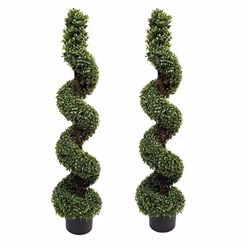 GreenBrokers Set of 2 Artificial Premium Quality Topiary Boxwood Spiral Trees in Black Pots, Green, Height: 120 cm – 1