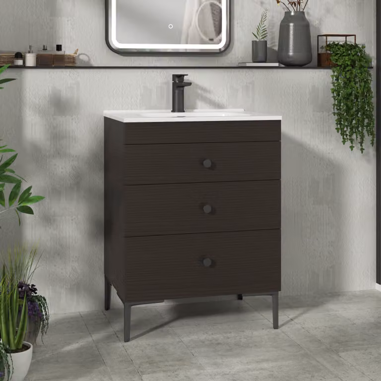 Royal Bathrooms Verona 600mm Walnut Woodgrain Floor Standing 3 Drawer Vanity Unit with Ceramic Basin and Matt Black Knob