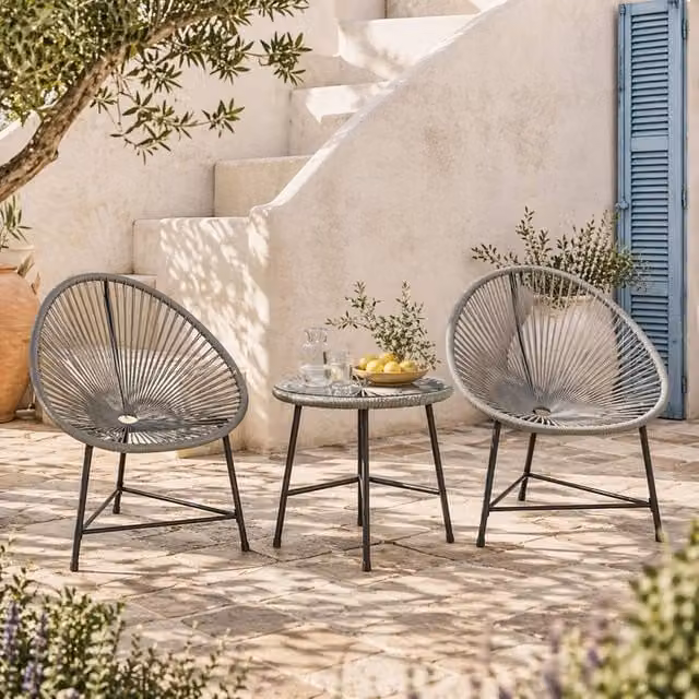 Wyld Haus Nibaco 3 Piece Outdoor Bistro Set in Black and Grey Rattan Rope with Glass Top