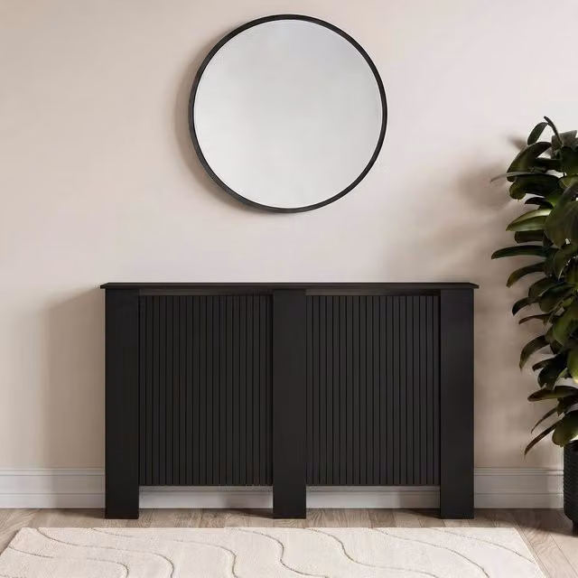 OHS Large Ribbed Radiator Cover in Black Matt Slatted Engineered Wood
