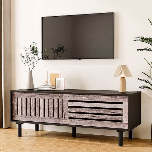 Komore Modern Slatted Wood TV Stand in Black and Brown
