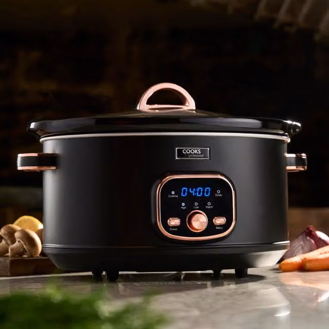 Cooks Professional 6.5L Digital Slow Cooker with Keep Warm Function and Digital Display in Black and Rose Gold