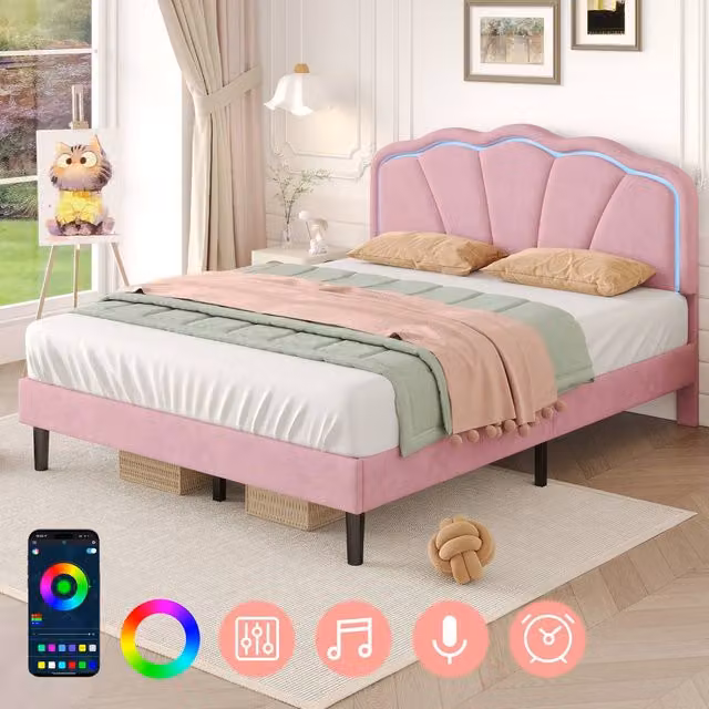 ModernLuxe Pink Velvet Upholstered Double Bed with Adjustable LED Headboard and Under-Bed Lighting, W/D/H: 140 x 200 x 111 cm – 1