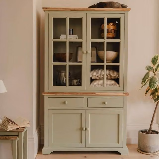 Statement Furniture Florence Display Cabinet in Sage Green with Glass Doors and Acacia Wood Top, W: 120 cm, H: 200 cm, D: 42 cm