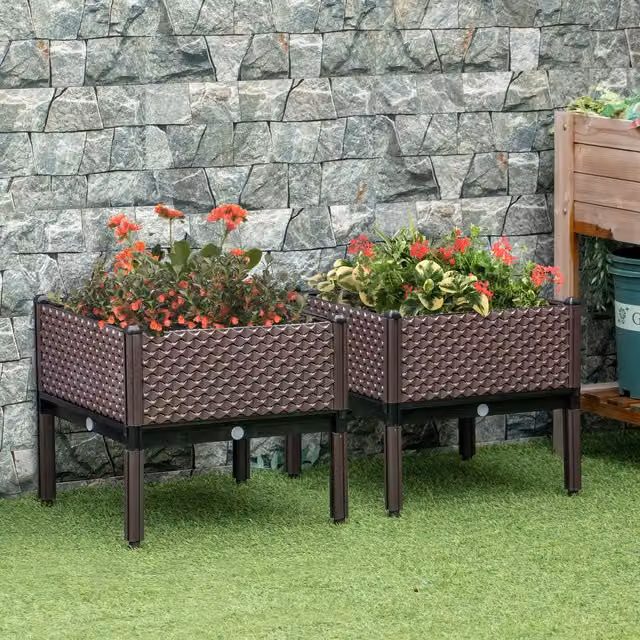 Outsunny Set of 2 Brown Plastic WPC Raised Garden Beds for Vegetables and Ornamental Plants – 2