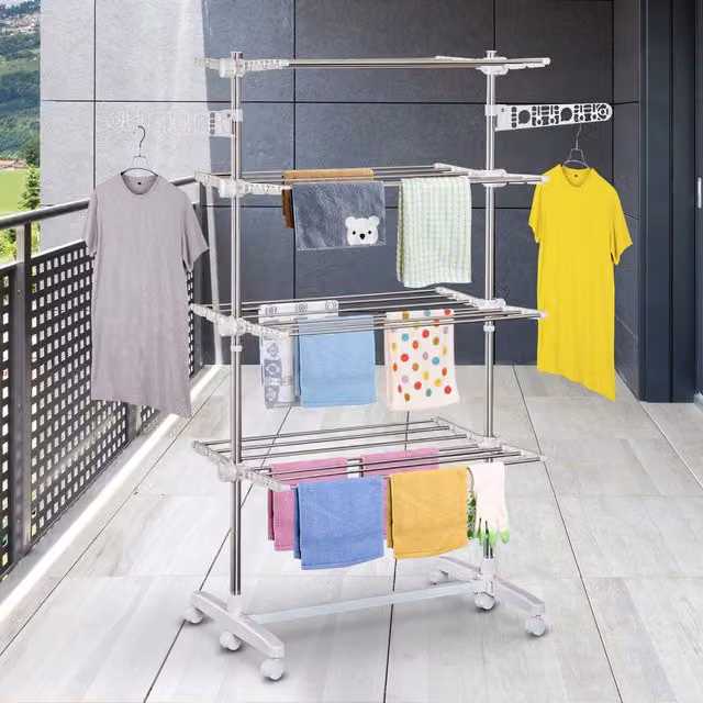 Homcom Foldable Portable Layers Rail Garment Hanger in White and Silver