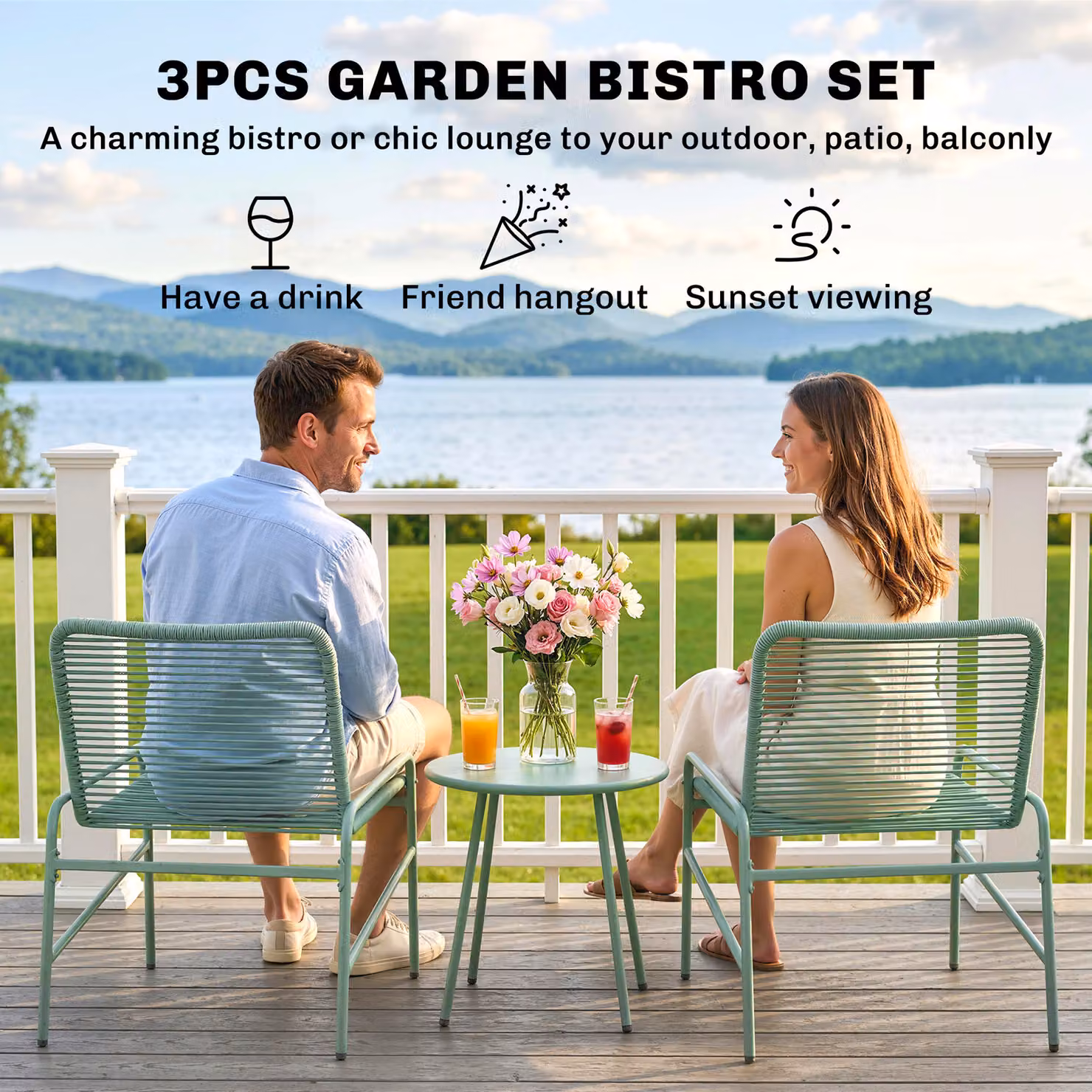 Outsunny 3 Piece Rattan Bistro Set with 2 Chairs and Round Coffee Table in Green – 3