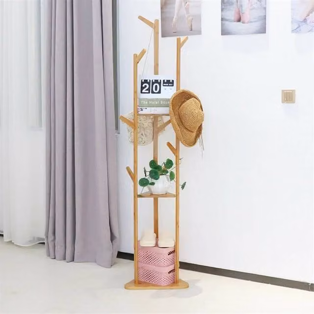 Kelvenix Scandinavian Style Wooden Coat Stand and Shoe Rack with Tripod Base in Brown