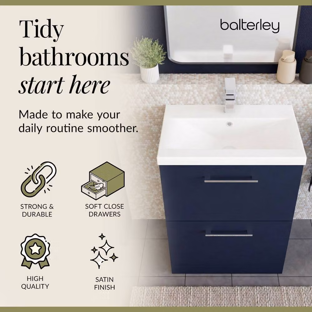Balterley Contemporary Midnight Blue Floor Standing 2 Soft-Close Drawer Vanity Unit with Mid-Edge Ceramic Basin, W: 61 cm, D: 39 cm, H: 84 cm – 3
