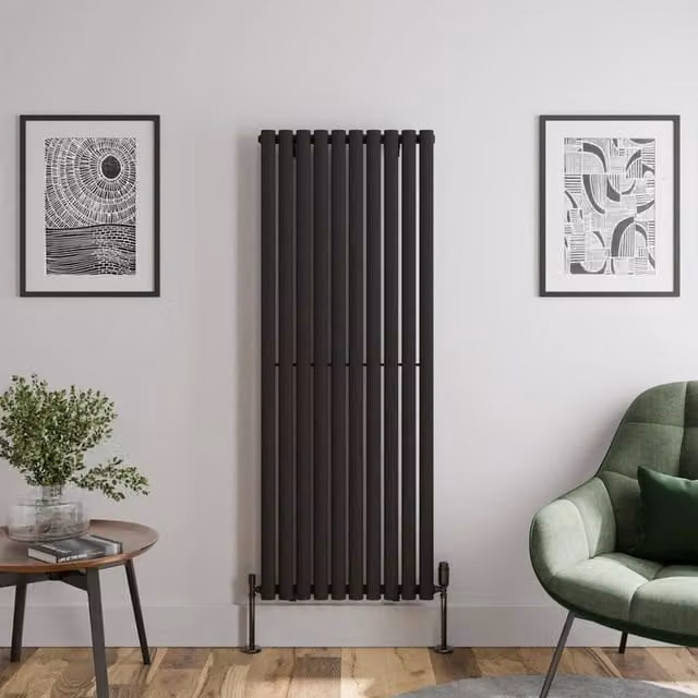 Temprazo Oval Tube Single Panel Vertical Designer Radiator in Black, H 160 cm x W 60 cm x D 6 cm