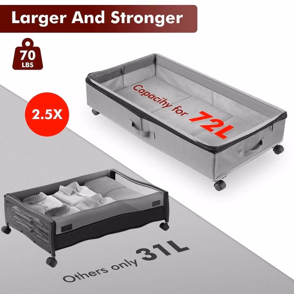 EONLION Set of 2 Grey Fabric Underbed Storage Boxes with Lids and Wheels, 72L Each – 3