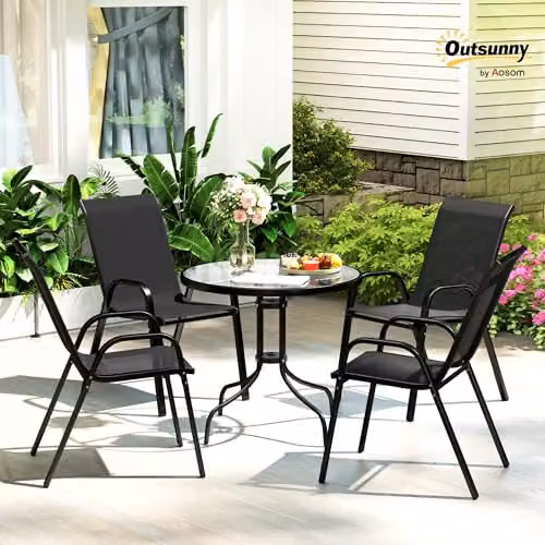 Outsunny 5 Piece Black Garden Dining Set with Round Glass Top Table and 4 Chairs – 2