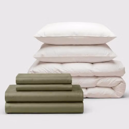 Bedable 100% Cotton Sateen Bedding Bundle in Green, King Size, including Duvet Cover Set, Fitted Sheet, Duvet and 2 Pillows – 1