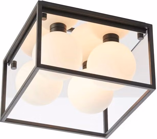 Loops Matt Black Square Framed Semi Flush Bathroom Ceiling Light with Sphere Glass Shades