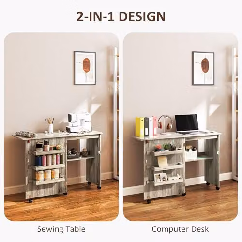 HOMCOM Grey Folding Sewing Table with Drop Leaf, Storage Bins and Wheels, W/D/H: 117 x 40 x 79.5 cm – 3