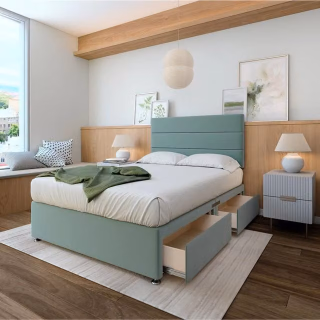 Bedmaster Plush Velvet Upholstered Divan Base with Storage Drawers and Lined Headboard, Duck Egg