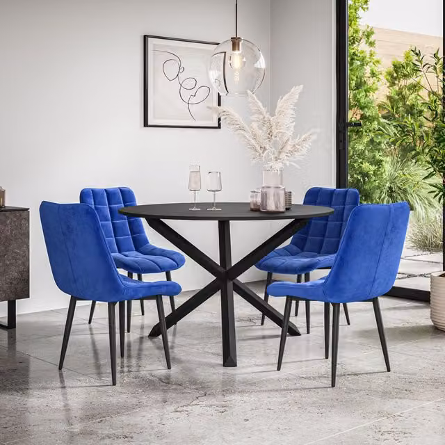 More4Homes Malvern Round Dining Table and Set of 4 Nova Blue Velvet Dining Chairs with Black Oak Legs