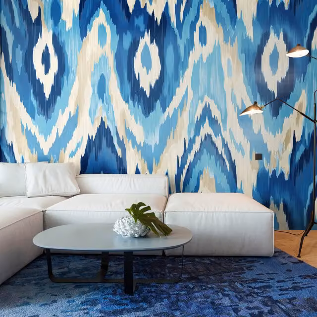 Origin Murals Watercolour Ikat Abstract Inky Blue Wall Mural