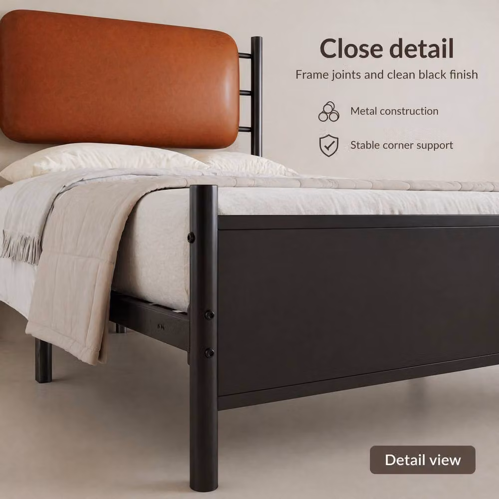 STILVORA Double Metal Bed Frame with Black PU Leather Headboard, W/D/H: 140 x 200 x 102.5 cm – 3