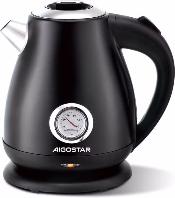 Aigostar Retro Electric Kettle with Temperature Gauge, Black, 1.7 l