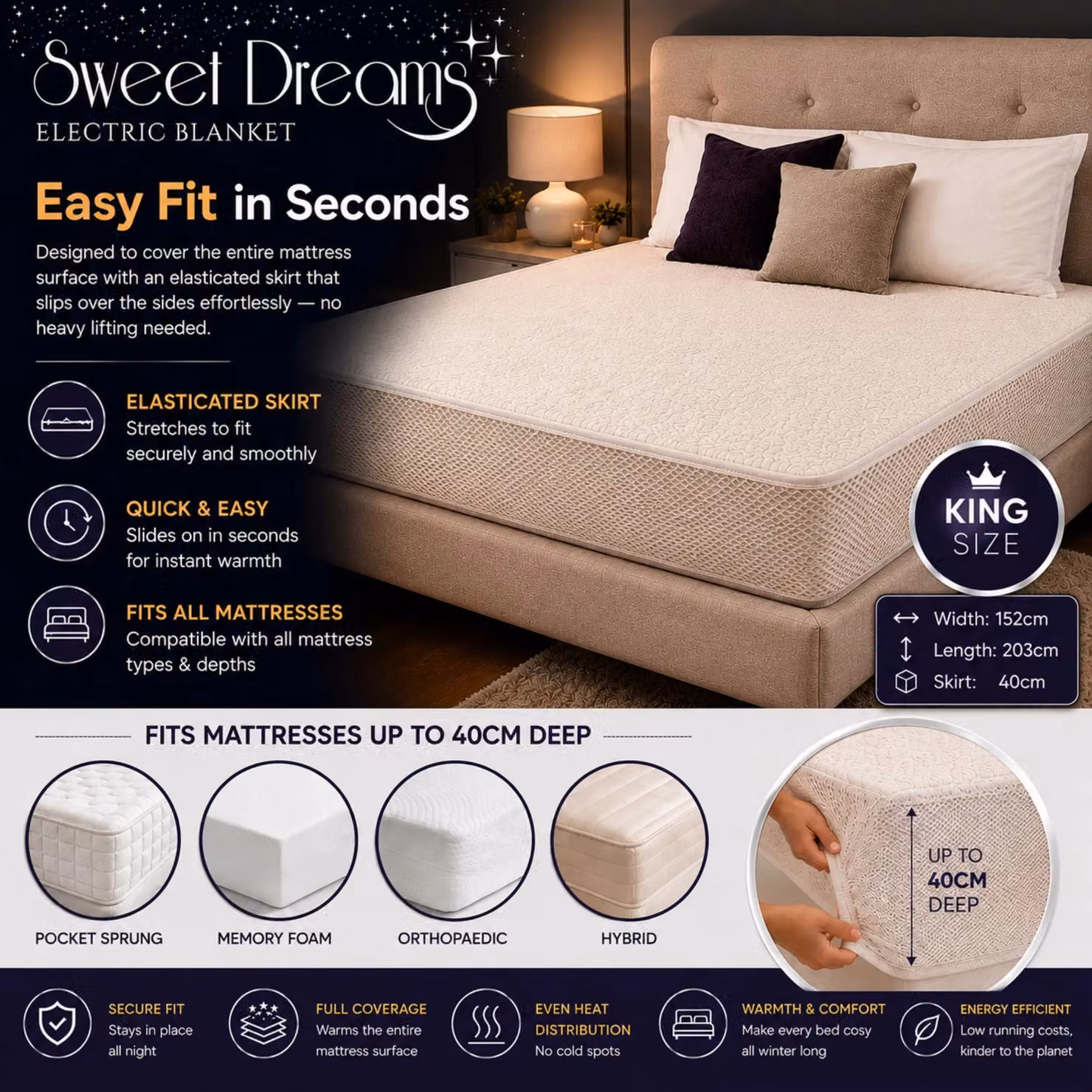 Sweet Dreams White Fleece Heated Fitted Mattress Cover, King Size, W/D/H: 180 x 200 cm – 3