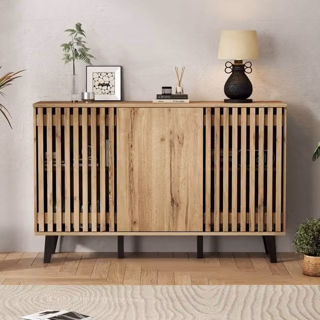 Merax Wood Effect Sideboard Buffet Cabinet with 3 Doors in Natural Brown