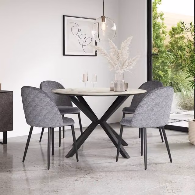 More4Homes Calne Calcutta Gold Ceramic Round Dining Table and 4 Raye Grey Velvet Chairs, Diameter: 120 cm, Height: 75 cm – 1