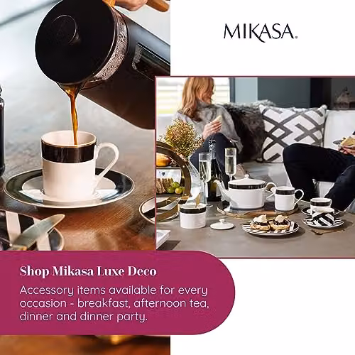 Mikasa Luxe Deco Geometric Bone China Tea Cup and Saucer Set of 2, White and Gold, 200ml – 5