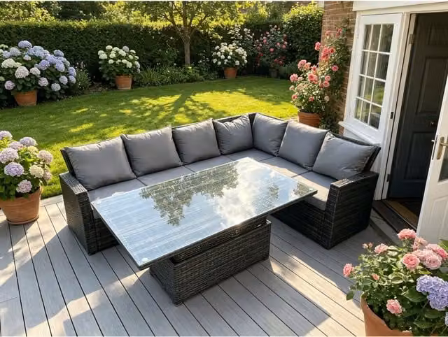 Fimous 6 Seater PE Rattan Corner Garden Furniture High Back Sofa Set in Dark Grey Mixed