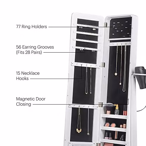 BTFY White Freestanding Mirror Jewellery Cabinet with LED Lighting and Storage Drawers, H 158 x W 47 x D 33 cm – 5