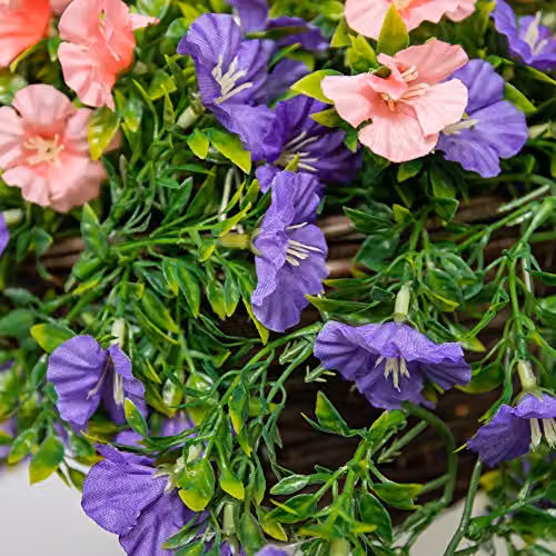 Primrose Large Artificial Petunia Flowers in a Green Rattan Hanging Basket, Pink and Purple – 2