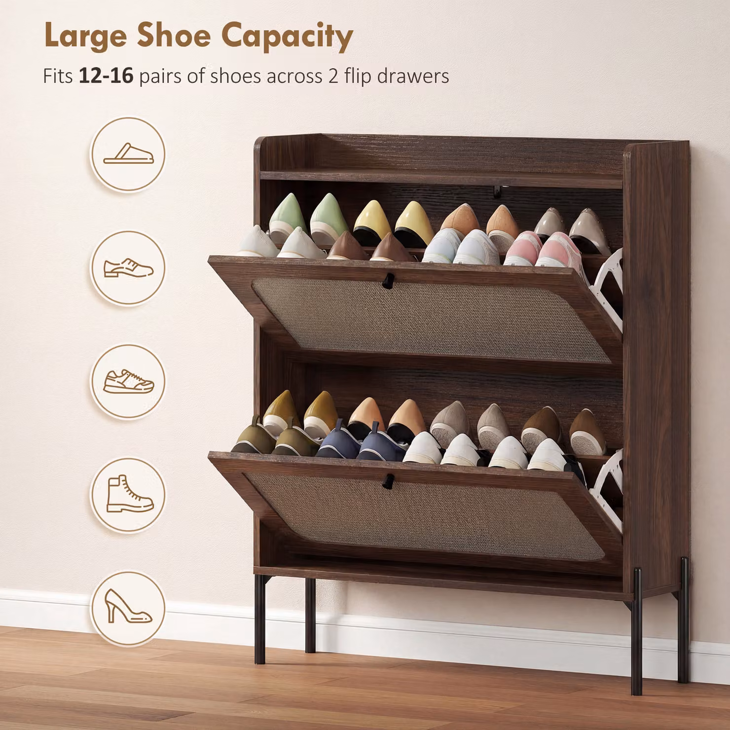 HOMCOM Boho Narrow Shoe Storage Cabinet with 2 Rattan Flip Drawers, Brown – 5