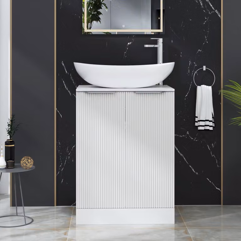 Royal Bathrooms Evora 600mm Matt White Fluted Floor Standing 2 Door Vanity Unit with Cesar Stone Basin