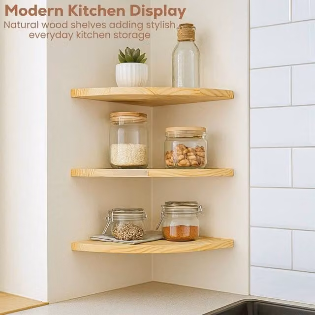 EONLION Set of 3 Natural Wood Wall Mounted Corner Storage Shelves, Width: 60 cm – 1