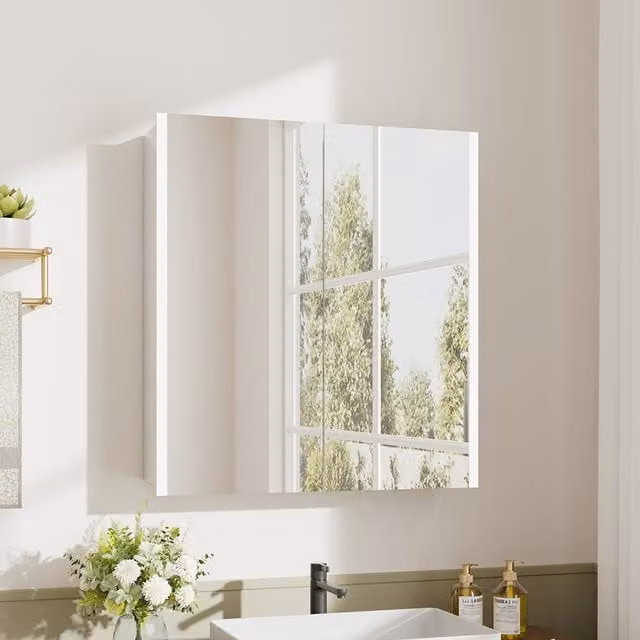 Livingandhome Modern Wall Mounted Bathroom Mirror Cabinet with LED Lighting, Shaver Socket and Anti-Fog Sensor Switch in Silver and White