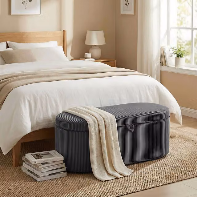 HOMCOM Corduroy Storage Ottoman with Padded Seat, Dark Grey