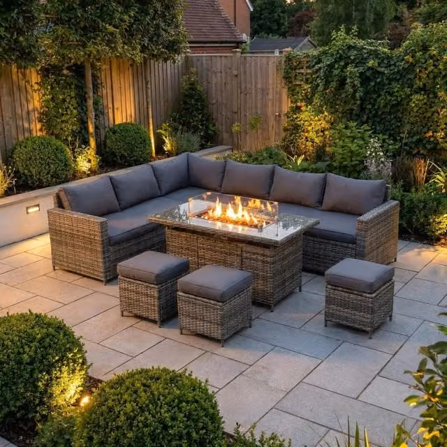 Madefor.living Tarporley 9 Seat Corner Rattan Dining Set with Fire-Pit in Grey
