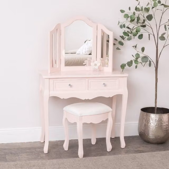 Melody Maison Sophia Pink Dressing Table, Mirror and Stool Set in Pale Pink