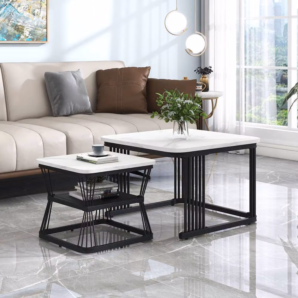 BTM Set of 2 Square Nesting Tables in White and Black with Marble Effect MDF Tops and Metal Frames – 5