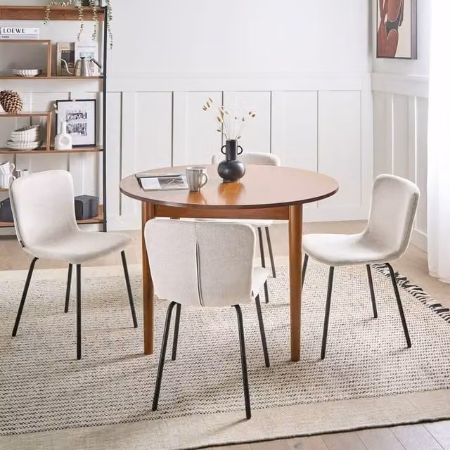 Wyld and Coco Set of 4 Modern Fabric Dining Chairs in Light Beige with Black Metal Legs