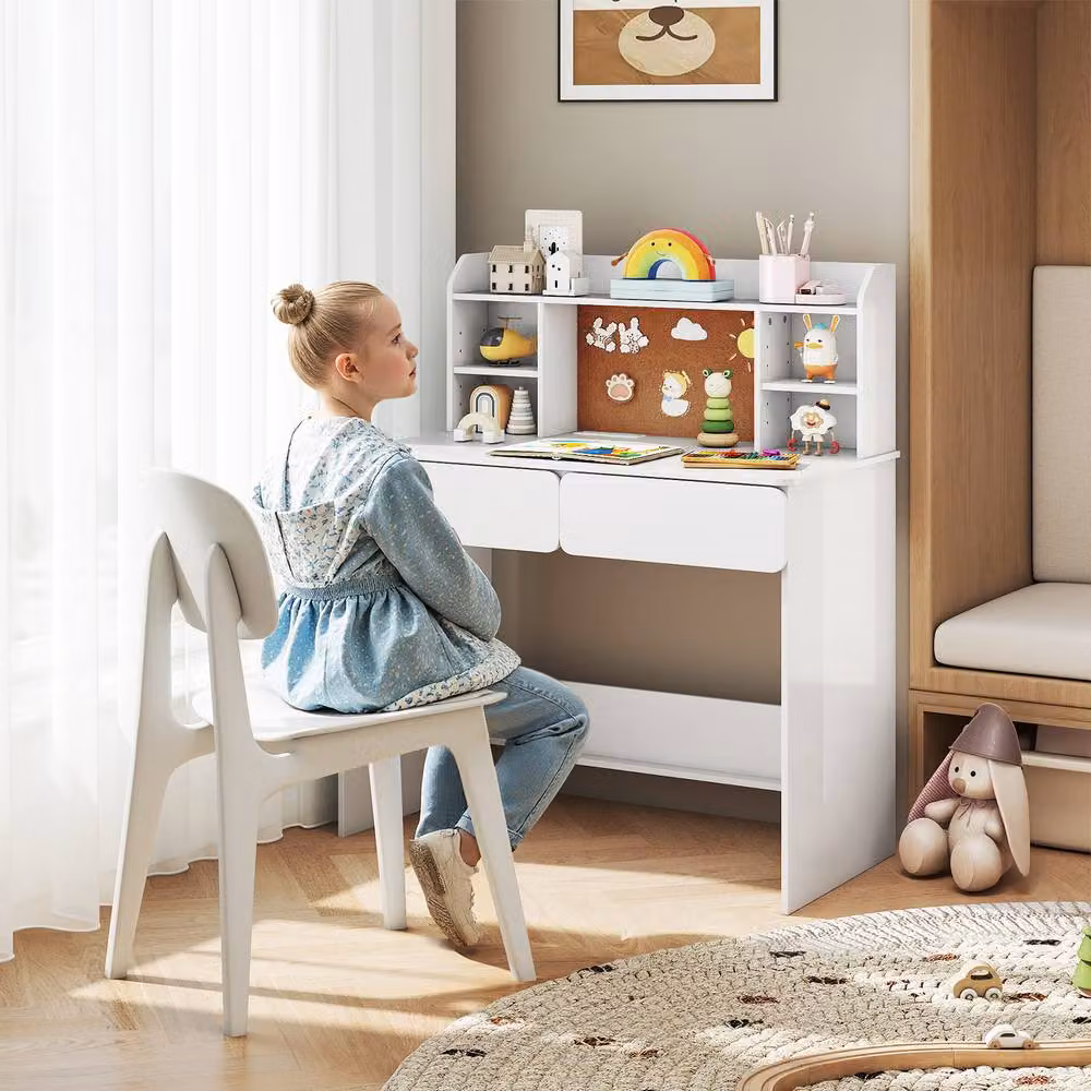 Gymax White Modern Writing Desk for Children with Storage Shelves and 2 Drawers – 2