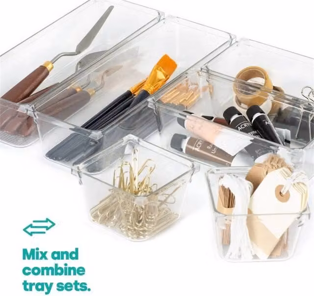 Kelvenix 9 Piece Clear Plastic Drawer Organiser Tray Set, Stackable, Width: 50 cm
