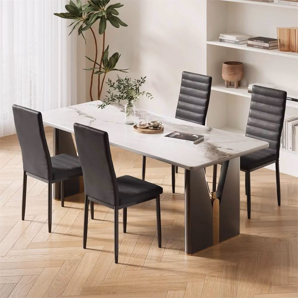 Nordara Set of 4 Modern Black Synthetic Leather and Metal Dining Chairs – 4