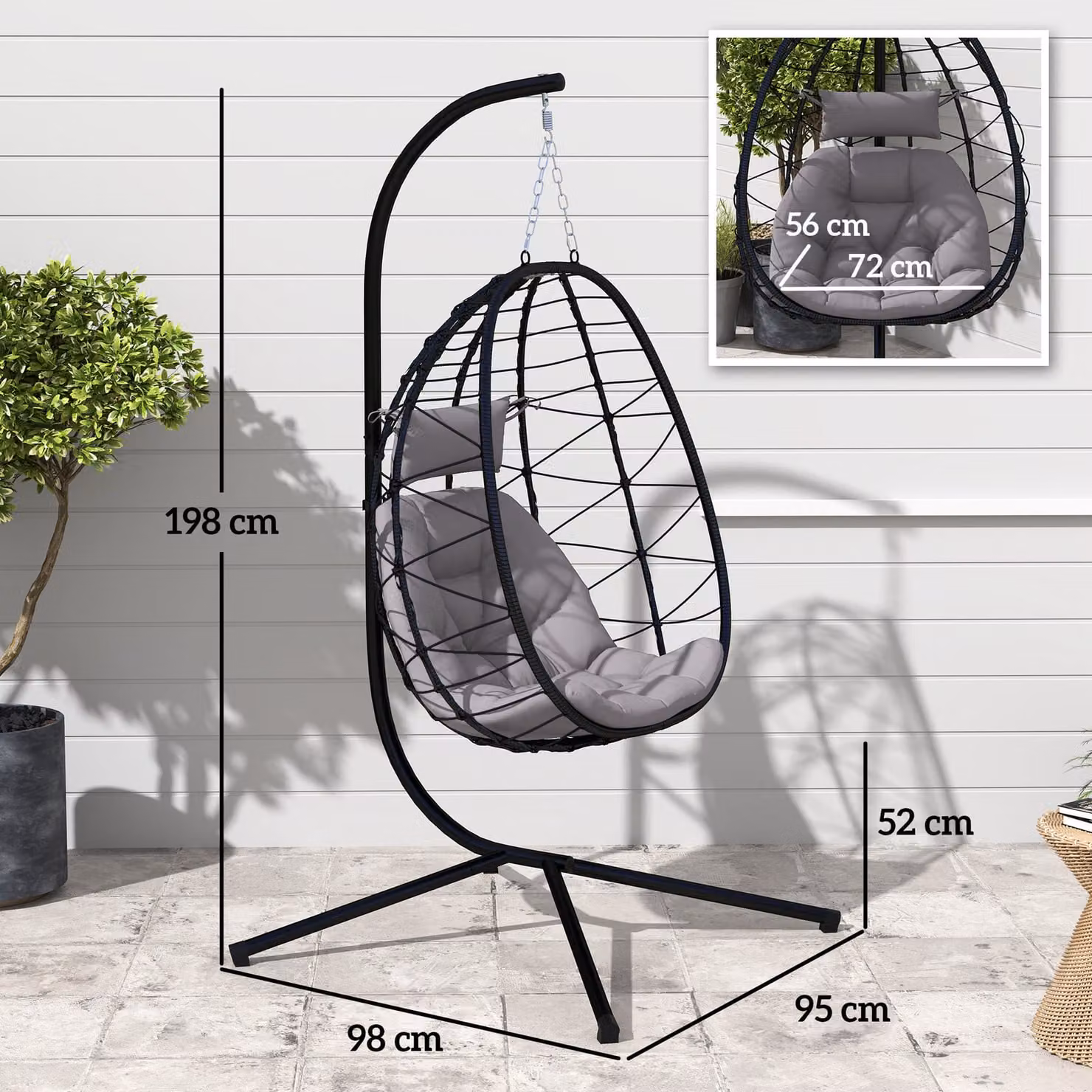 Outsunny Grey Hanging Egg Chair with Stand, Folding Basket, Thickened Cushions and Adjustable Headrest for Garden, Balcony or Patio – 3