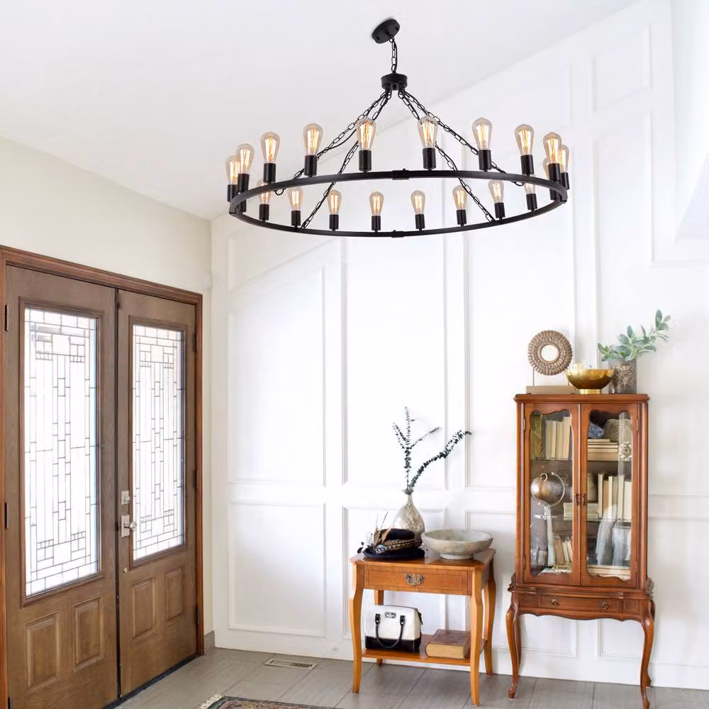 NIVOR 20-Light Waggon Wheel Kitchen Chandelier in Black and Bronze, Adjustable Retro Metal Pendant Light with E27 Base – 4