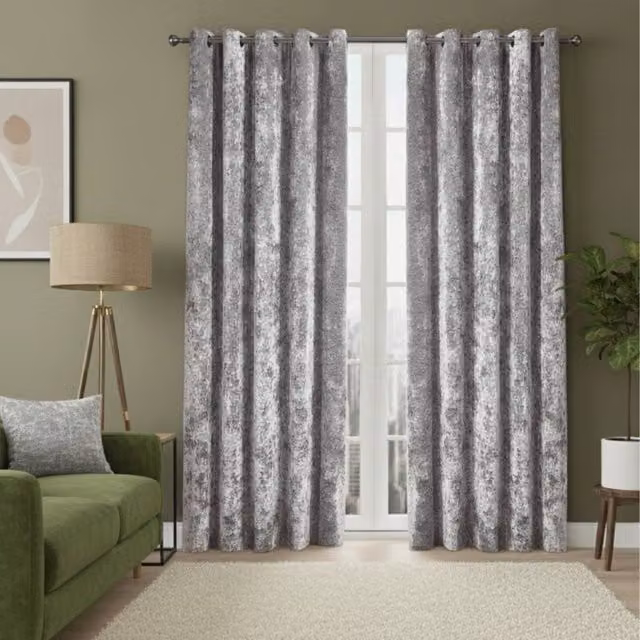 Snug City Silver Crushed Velvet Eyelet Curtains, Thermal Insulating and Opaque, Width: 229 cm, Drop: 229 cm – 1