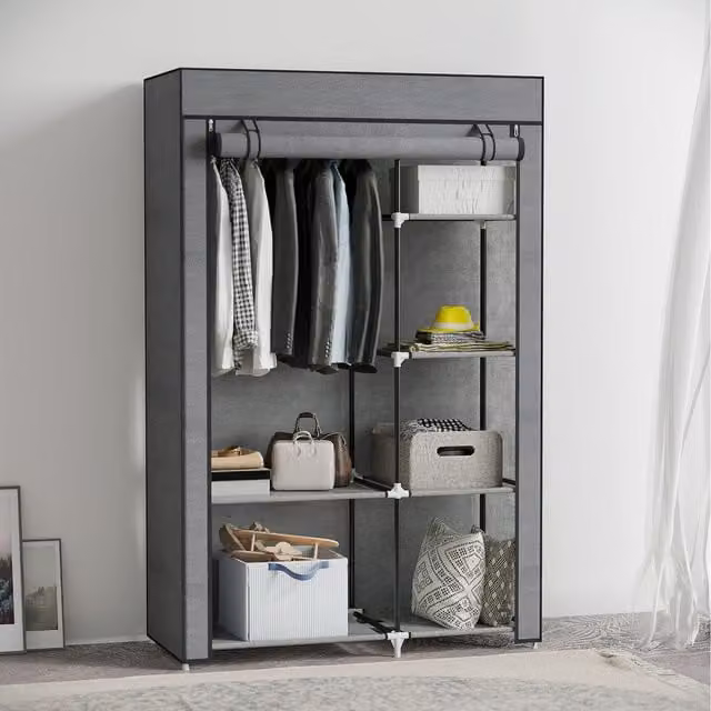 HOMCOM Modern Portable Wardrobe with Hanging Rail and 6 Shelves in Grey