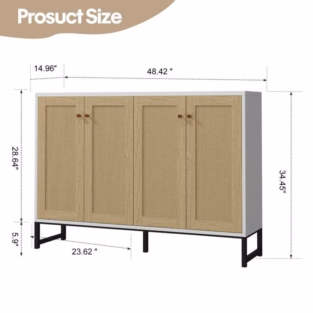 KORVIXA White Rattan 4 Door Storage Sideboard in Natural Wood, W/D/H: 100 x 100 x 100 cm – 2